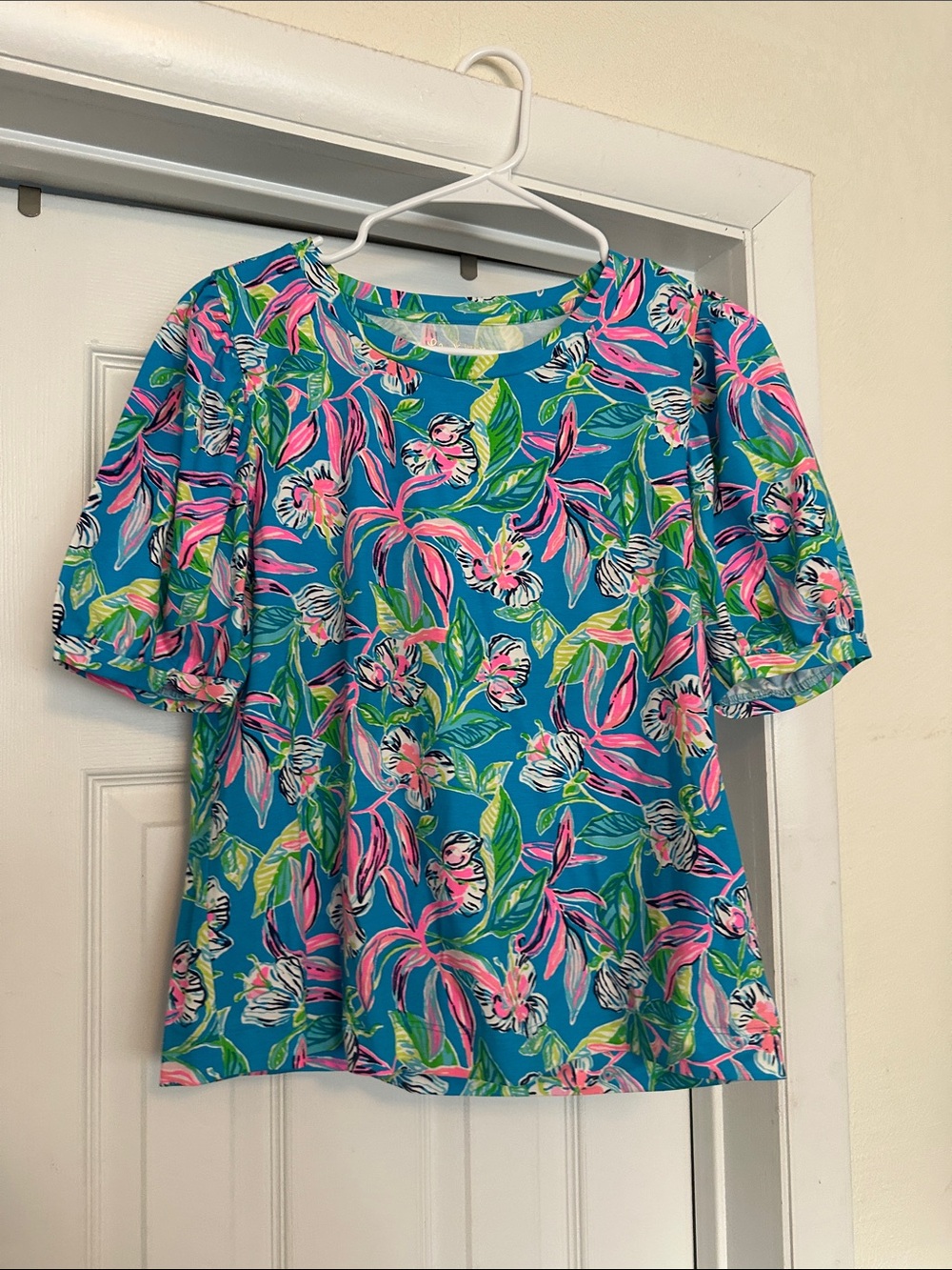 Lilly Pulitzer Teal Floral Puff-Sleeve Top